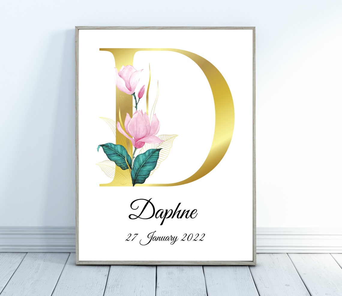 Personalised Floral Initial Birth Gift Gold Magnolia Poster Lily - Image 2