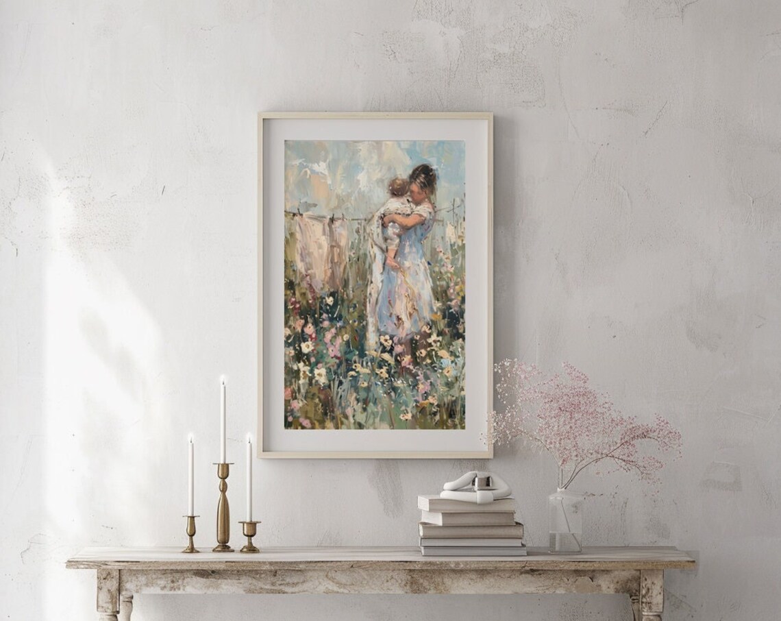 Mother and Child in Flower Garden Laundry Day Painting Poster - Image 3