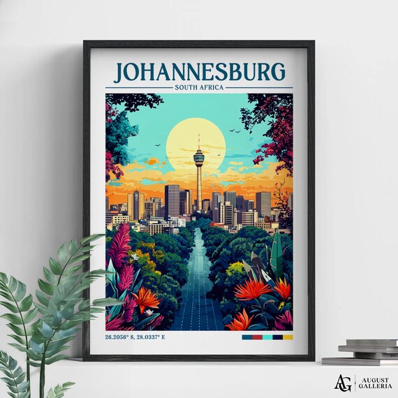Johannesburg South Africa Sunset Skyline Retro City Travel Poster
