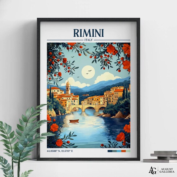 Rimini Italy Travel Poster Seaside Town Bridge River Scenic Artwork