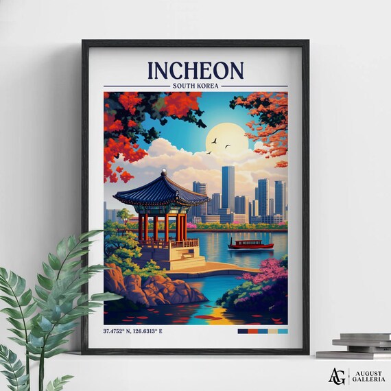 Incheon South Korea Pavilion Skyline Autumn Maple Travel Poster