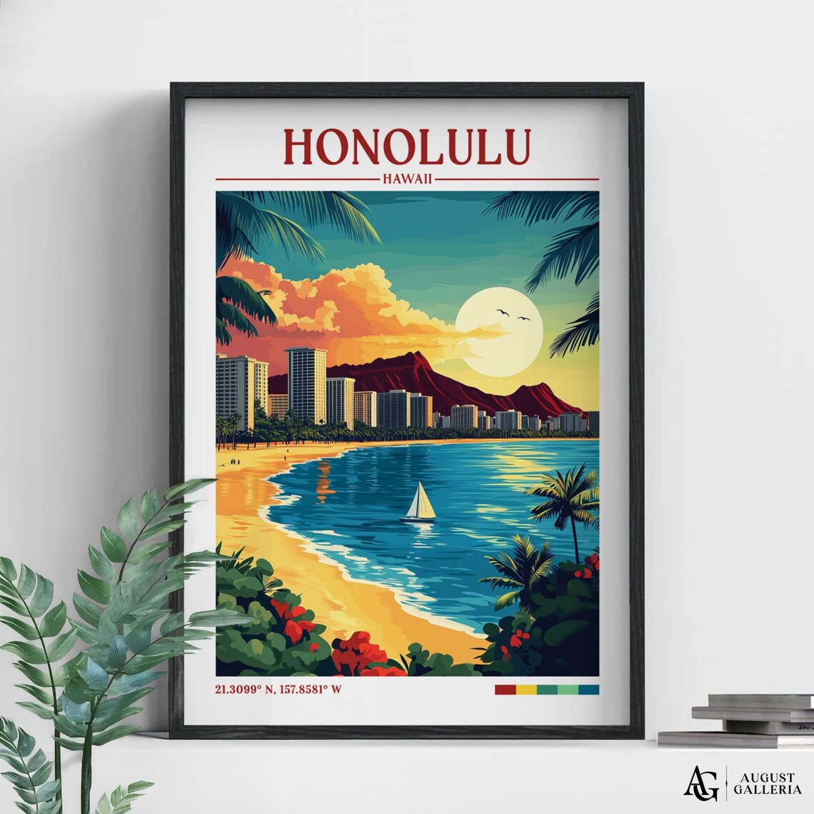 Honolulu Hawaii Retro Travel Poster, Wanderlust Illustration