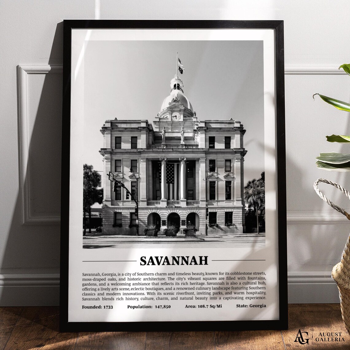Savannah Georgia Historic City Hall Dome Black White Travel Photo Poster
