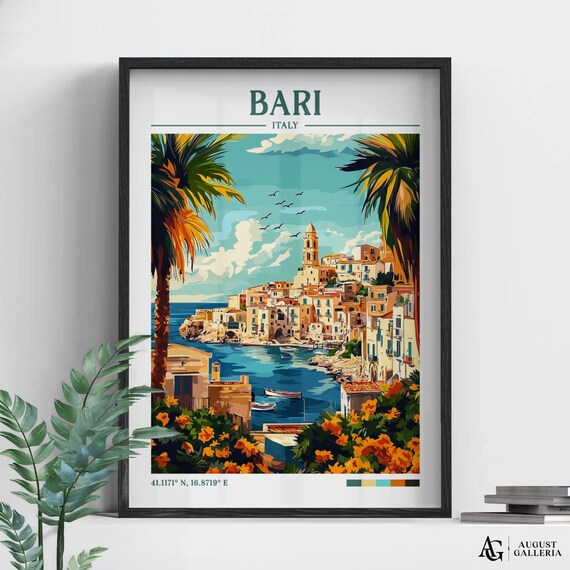 Bari Italy Coastal Travel Poster Mediterranean Seaside Town Palm View