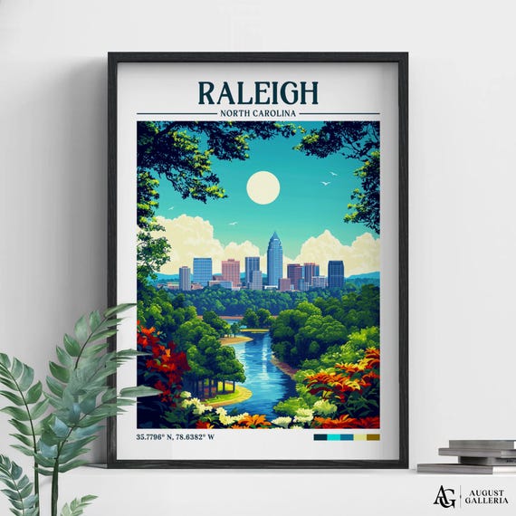 Raleigh North Carolina Retro Travel Print Wall Art Framed Canvas Poster Illustration Wanderlust