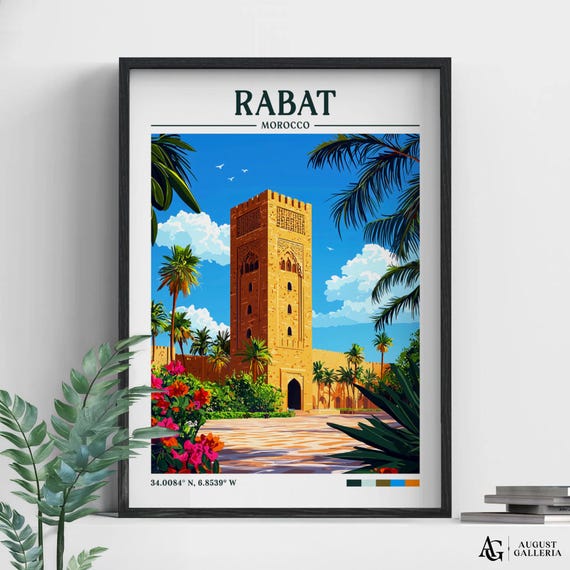 Rabat Morocco Retro Travel Print Wall Art Framed Canvas Poster Illustration Wanderlust