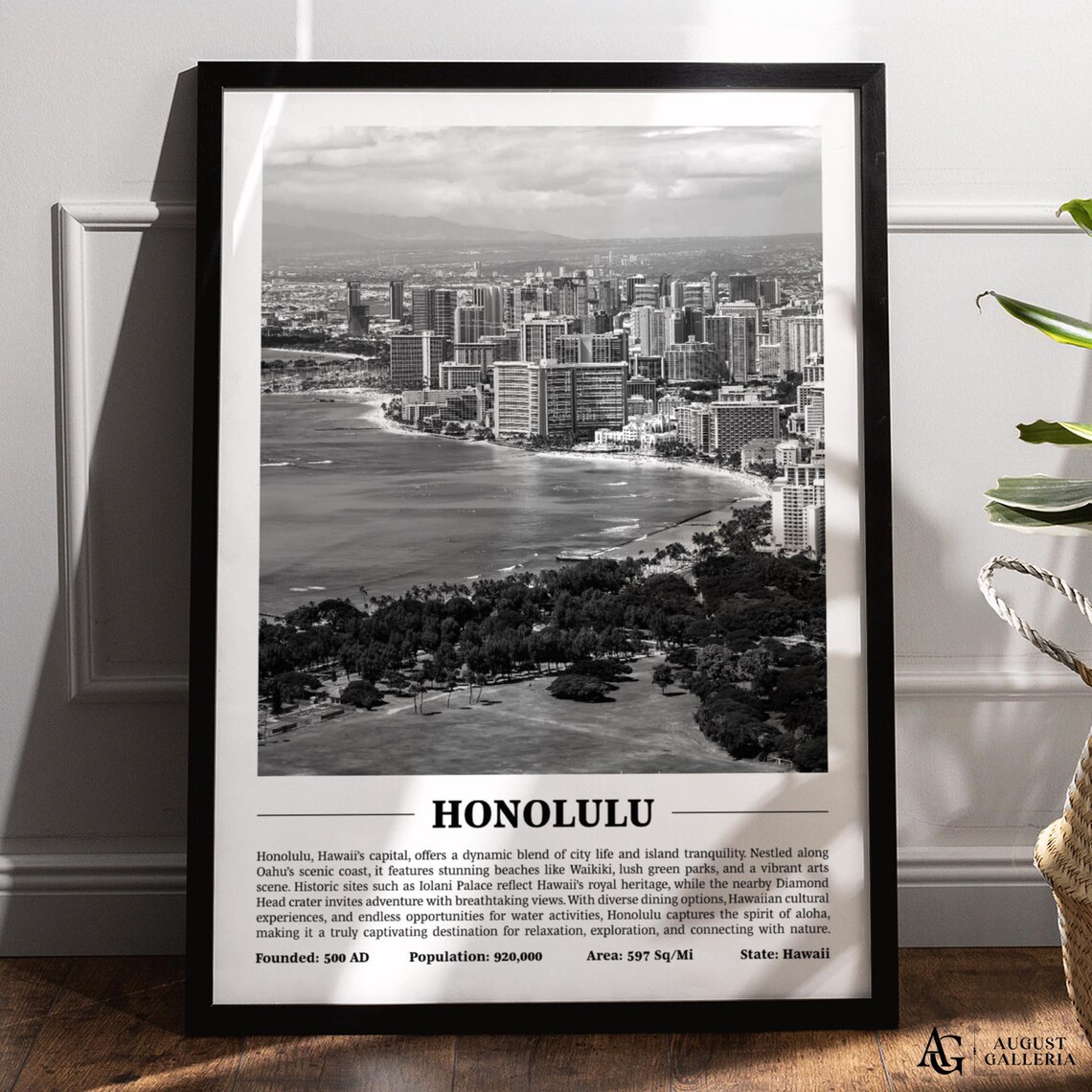 Honolulu Hawaii Black and White Waikiki Beach Aerial City Poster