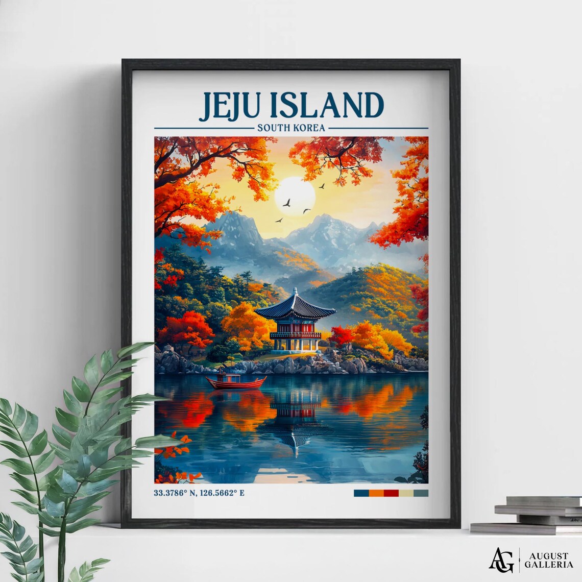 Jeju Island South Korea Autumn Lake Pagoda Retro Travel Poster