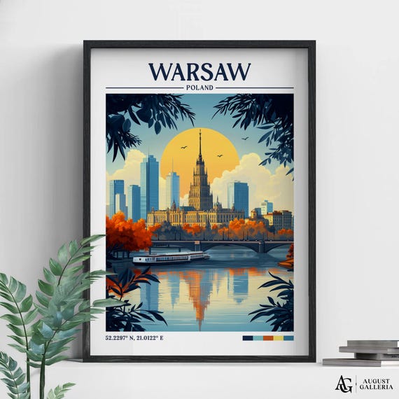 Warsaw Poland Retro Travel Print Wall Art Framed Canvas Poster Illustration Wanderlust