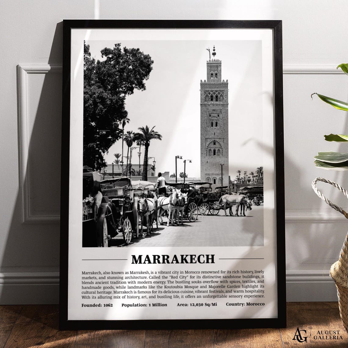 Marrakech Black and White Koutoubia Mosque Travel Scene Poster