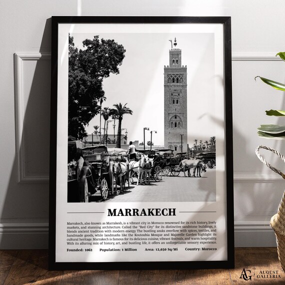 Marrakech Black and White Koutoubia Mosque Travel Scene Poster