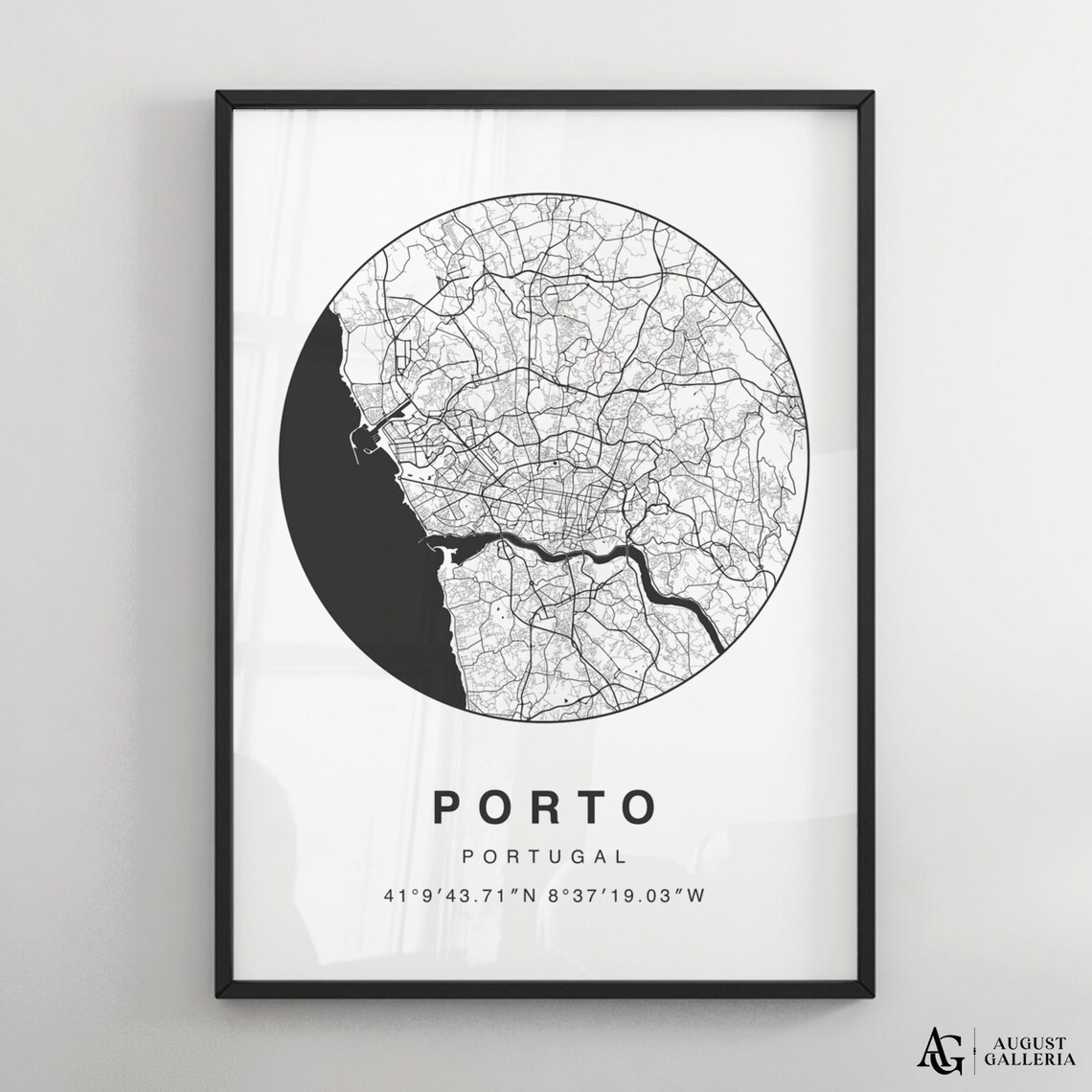 Porto Portugal Circular City Map Black And White Minimalist Poster