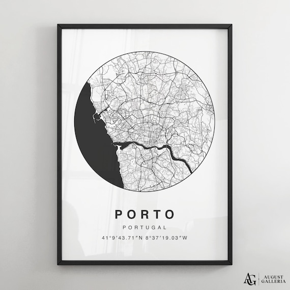 Porto Portugal Circular City Map Black And White Minimalist Poster