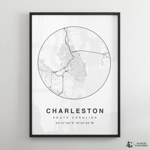 Charleston South Carolina Black White Circular City Street Map Poster