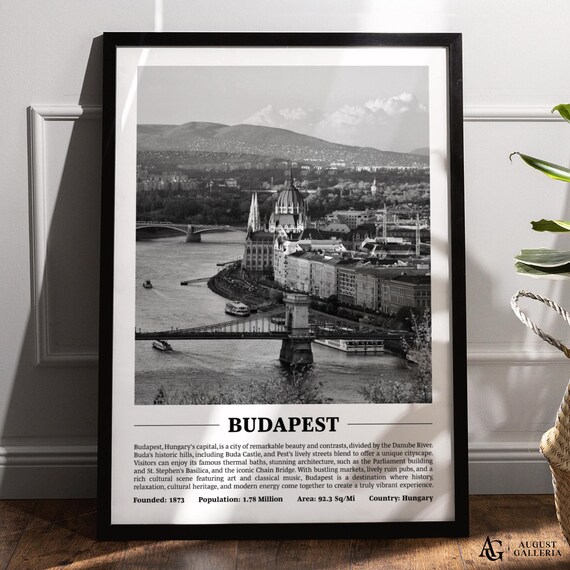 Budapest Chain Bridge and Danube Black and White City Travel Poster