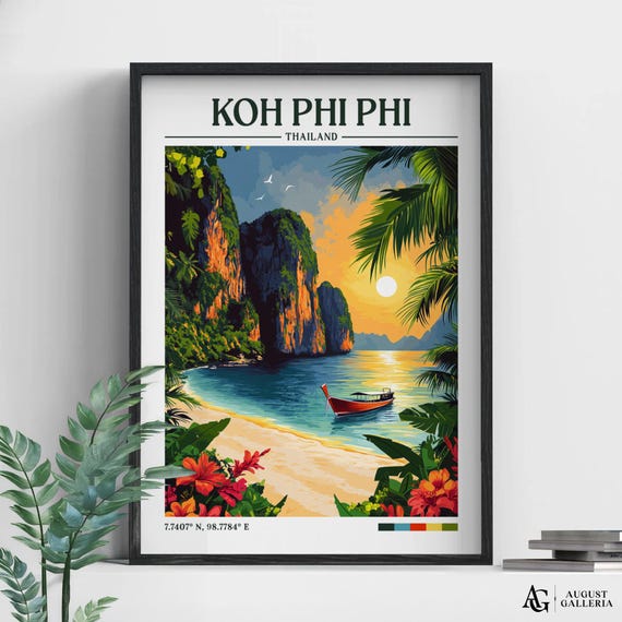 Koh Phi Retro Travel Print Wanderlust Posters Illustration Wall Art Framed Prints Canvas Islands Poster