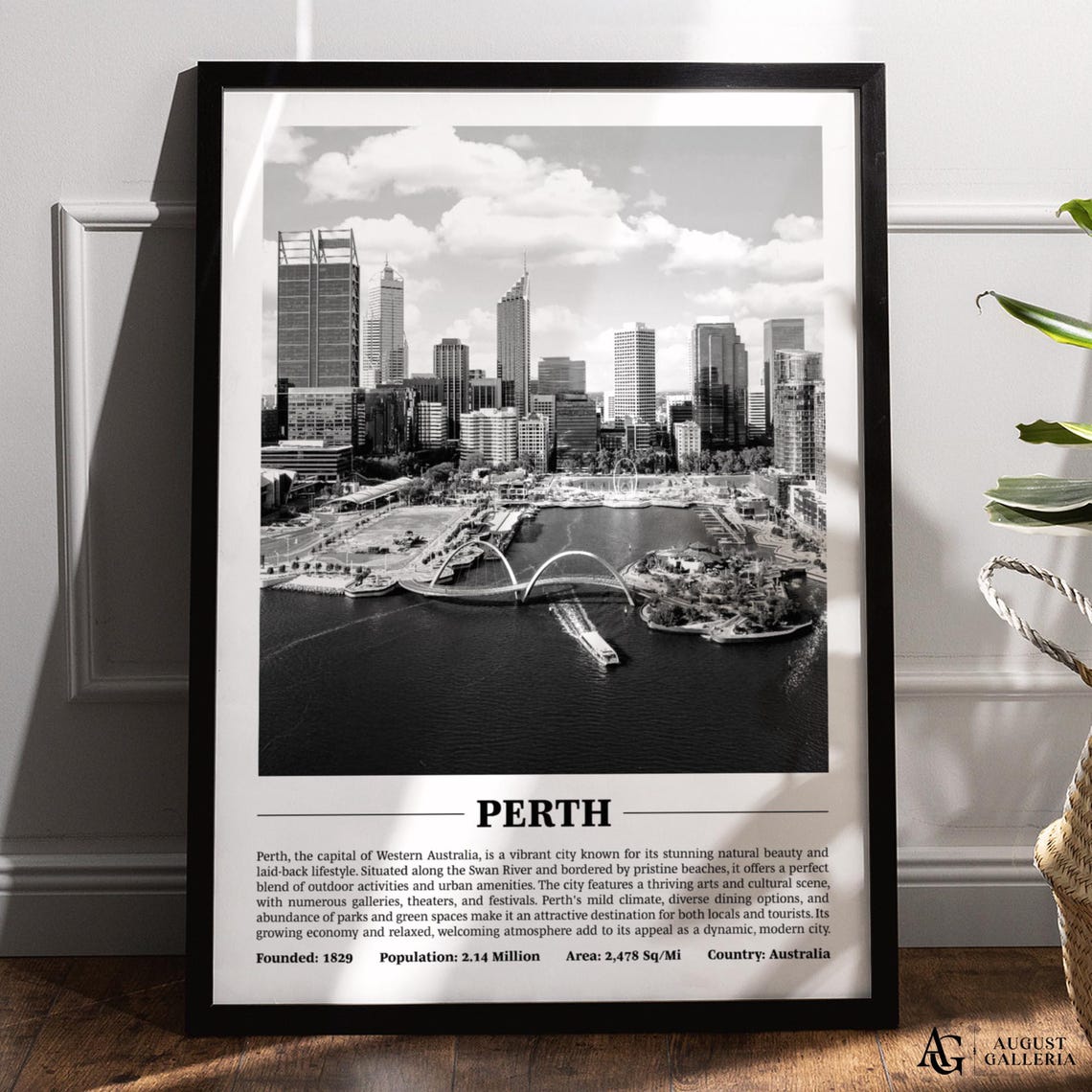 Perth Australia Black And White Swan River Skyline City Poster