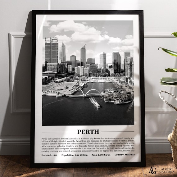Perth Australia Black And White Swan River Skyline City Poster