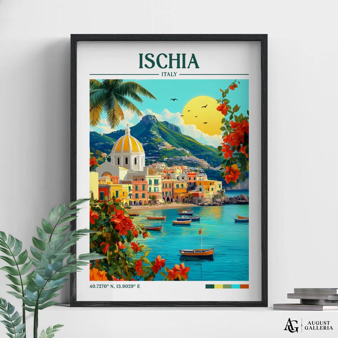 Ischia Italy Seaside Town Church Dome Boats Retro Travel Poster