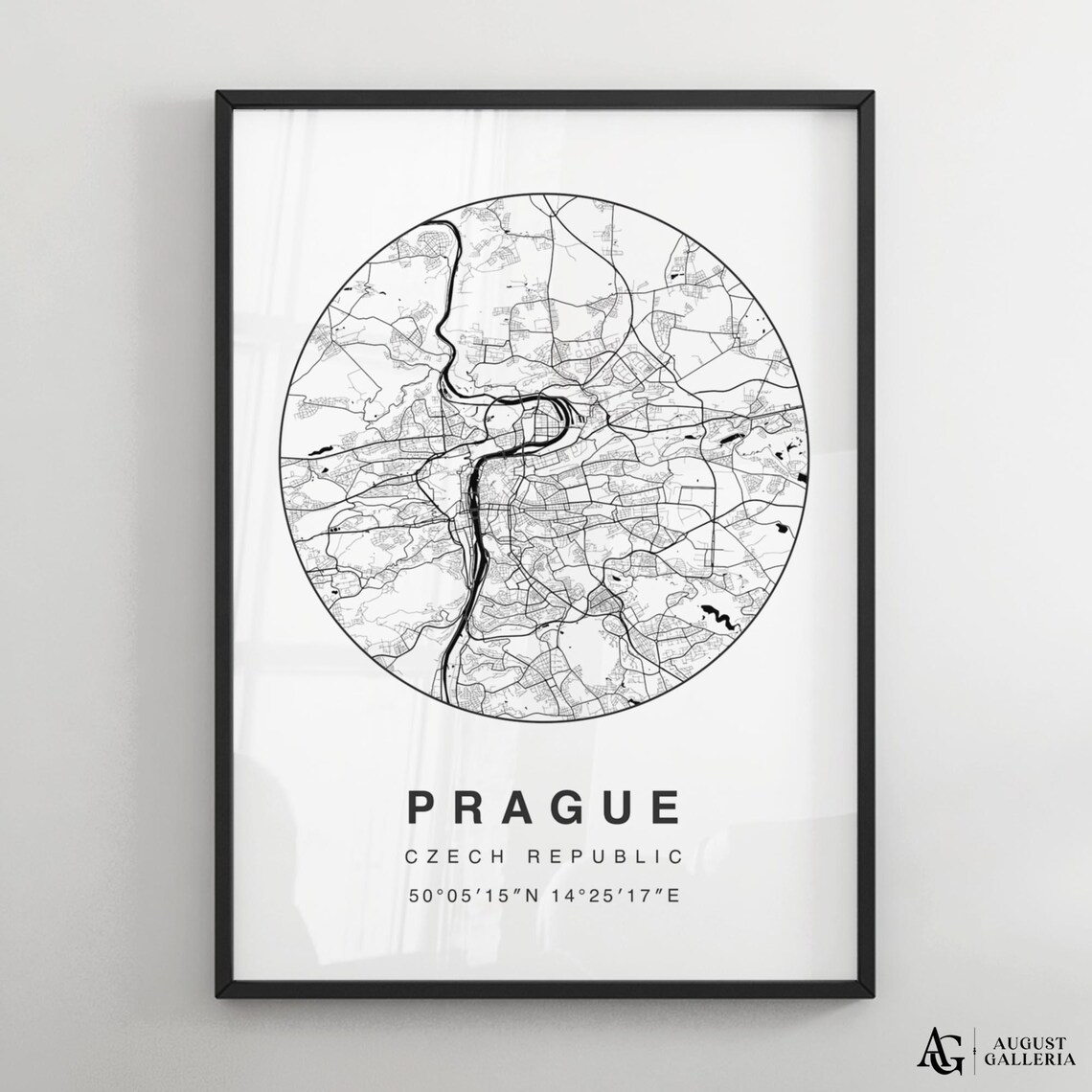 Prague Czech Republic Circular City Map Black And White Minimalist Poster