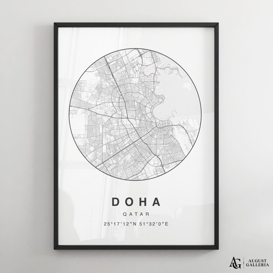 Doha Qatar Minimalist Black and White Circular City Map Poster