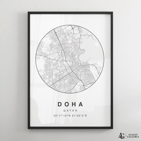 Doha Qatar Minimalist Black and White Circular City Map Poster