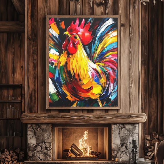 Colorful Rooster Wall Art Bold Abstract Farmhouse Animal Painting Vibrant Chicken Kitchen Decor Modern Country Barnyard Canvas Print