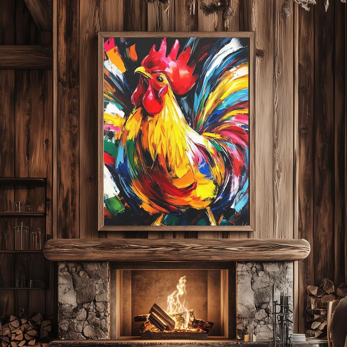 Vibrant Colorful Abstract Rooster Painting Bold Farmhouse Wall Art