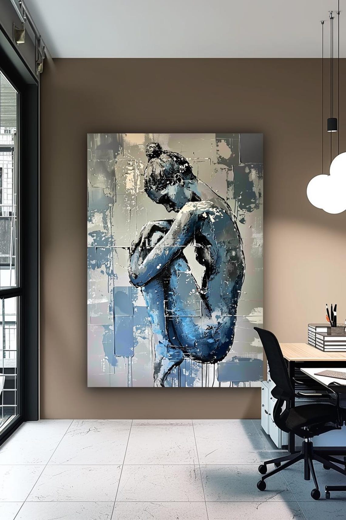 Introspective Woman Curled Inward In Blue Gray Abstract Poster