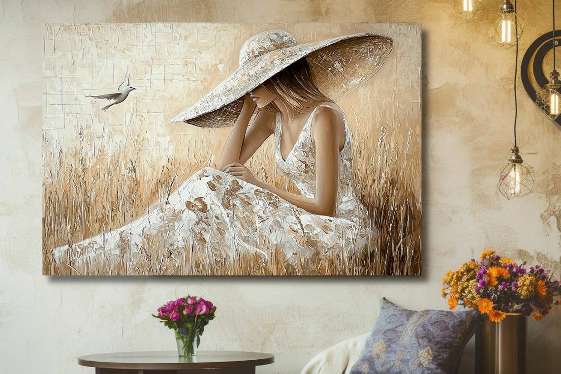 "Summer Silence" Woman In Straw Hat In Wheat Field With Dove Poster - Image 3