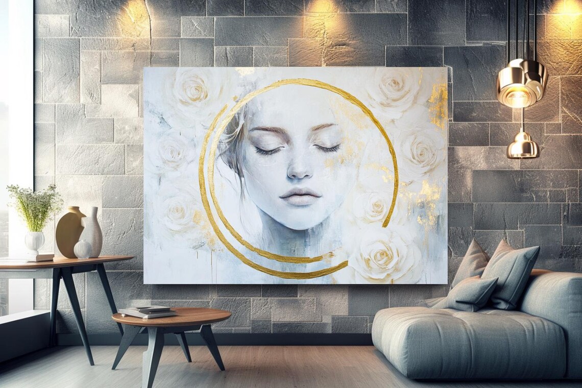 Serene Woman's Face with Gold Halo Among White Roses Painting Poster