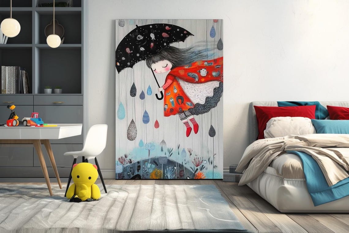 Whimsical Girl Flying With Umbrella In Rain Storybook Poster - Image 2