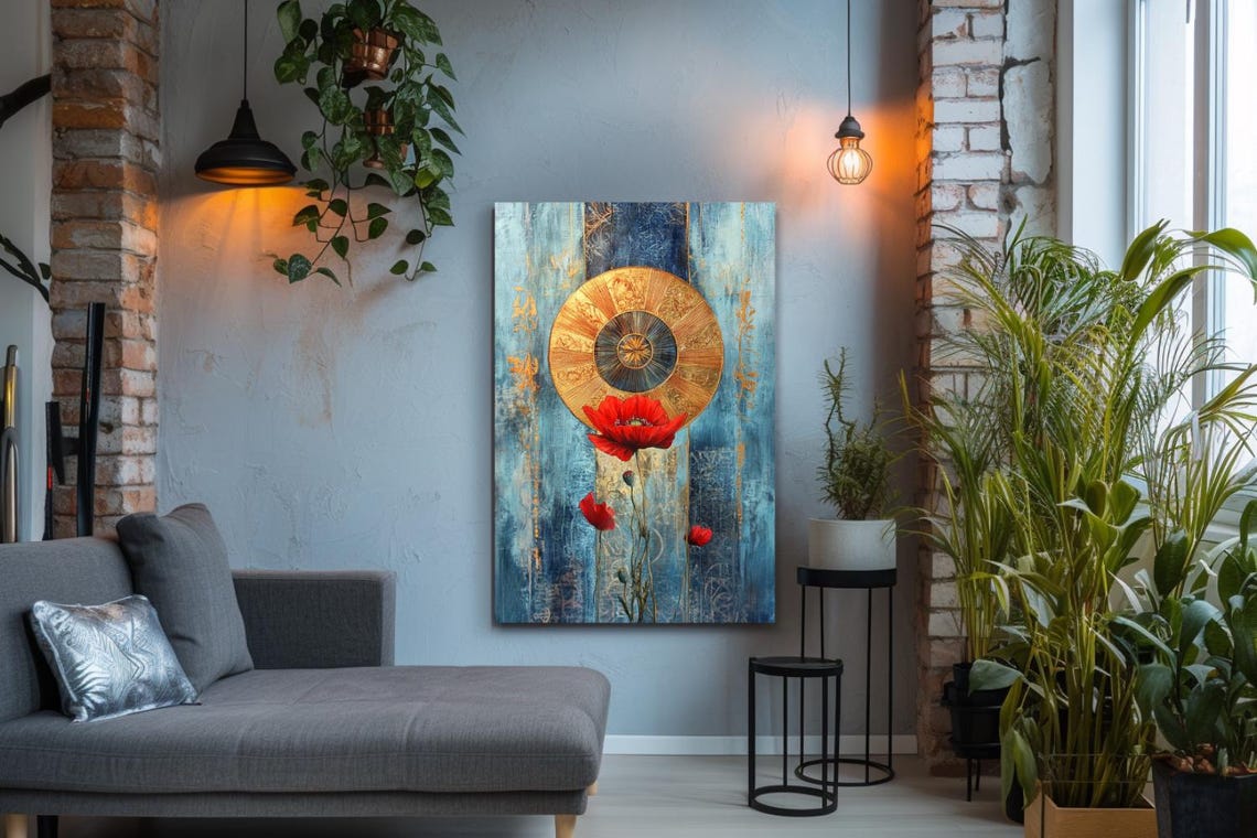 Gold Sun Medallion Over Red Poppy Blue Abstract Floral Poster