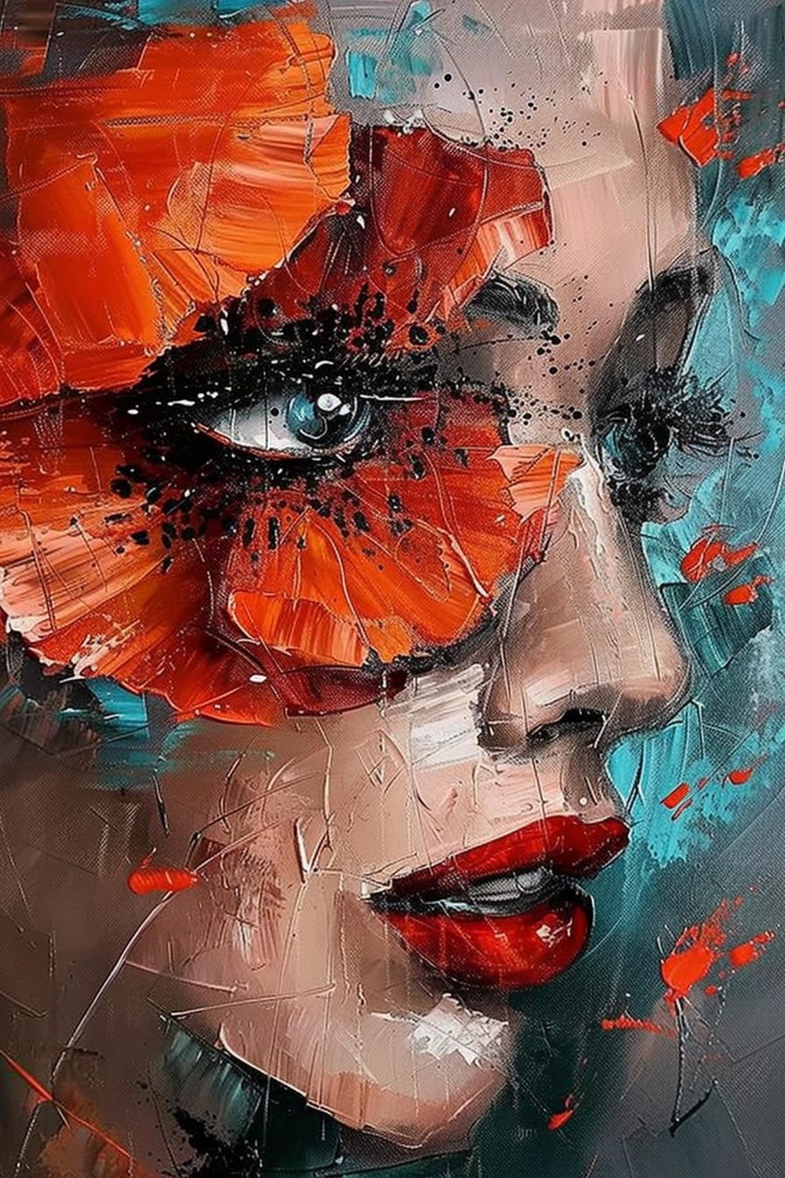 Red Poppy Over Her Eye Teal Abstract Portrait Painting Poster - Image 2