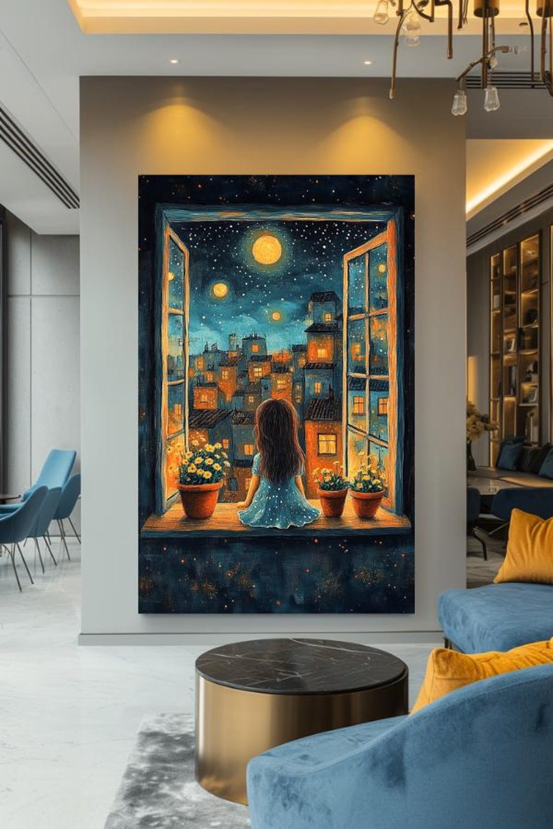 Night Dreams Girl At Window Overlooking A Moonlit City Poster