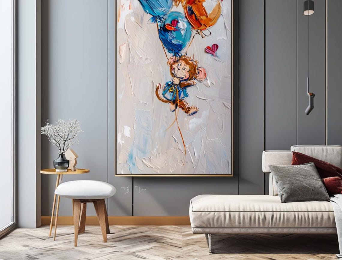 Playful Monkey Floating with Colorful Balloons Impasto Art Poster