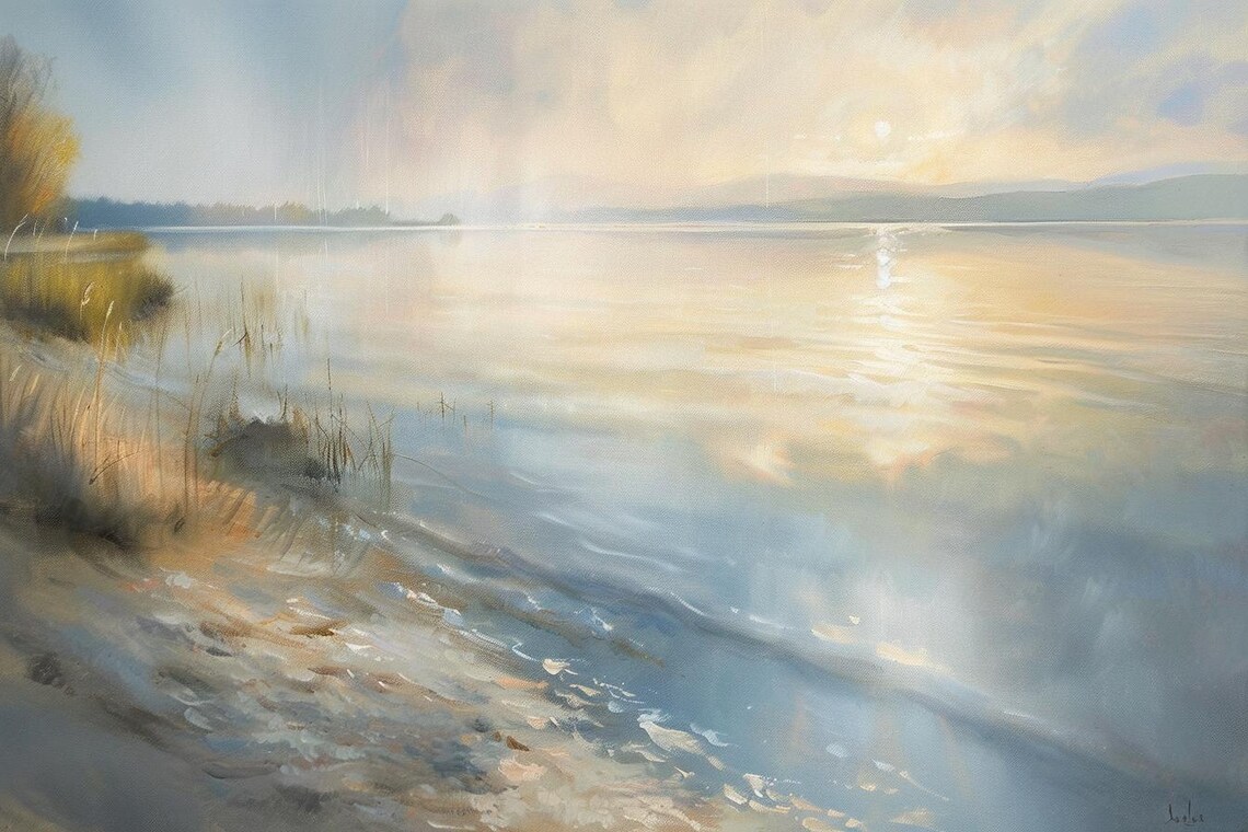 Soft Sunrise Over Calm Lake With Reeds Watercolor Art Poster - Image 2