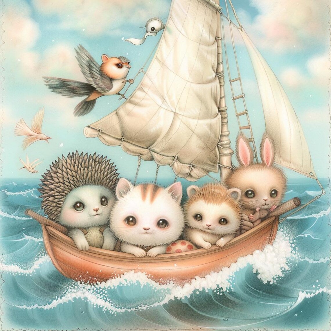 Four Cute Baby Animals Sailing In A Boat Sweet Nursery Art Poster - Image 2