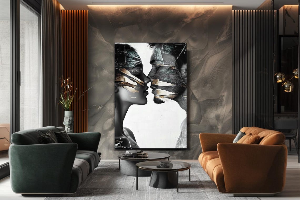 Black And White Double Exposure Kiss With Gold Leaf Texture Poster