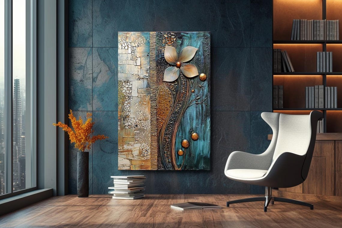 Gold Flower Relief On Teal And Bronze Textured Abstract Poster - Image 2