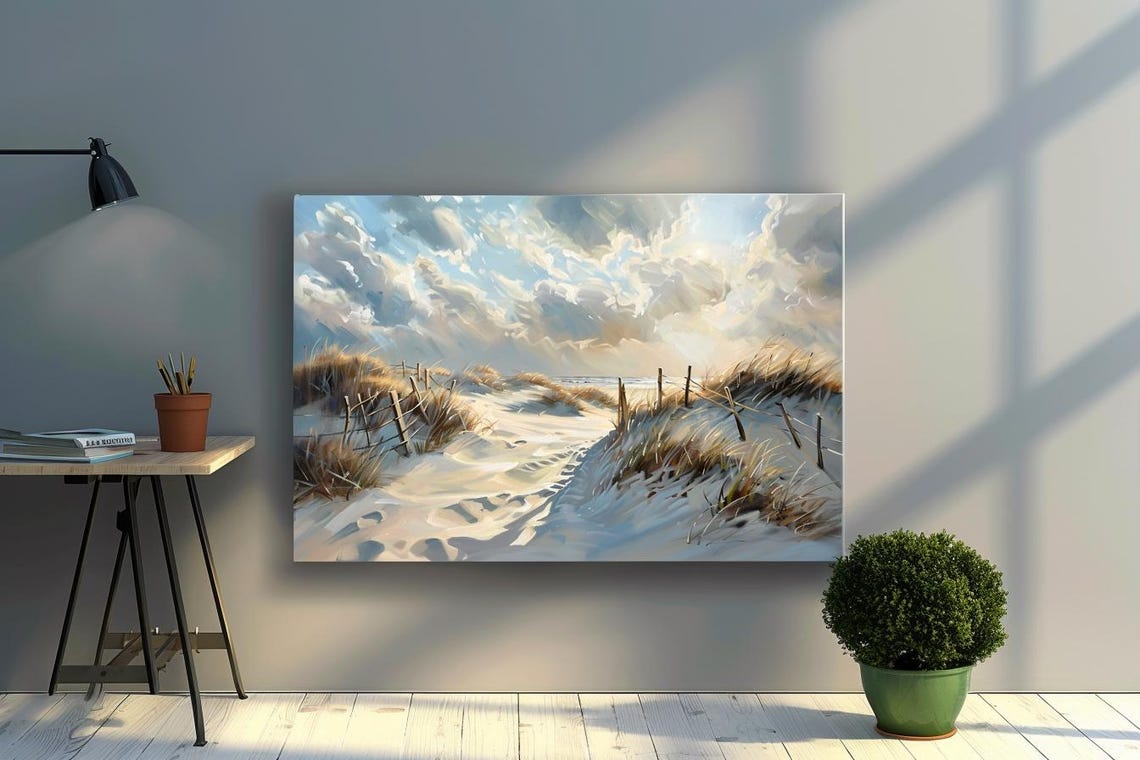 Snowy Sand Dune Path To Sea Under Dramatic Cloudy Sky Poster - Image 2