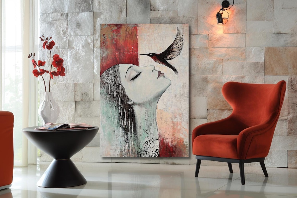Song Of The Soul Woman With Hummingbird In Red Abstract Art Poster