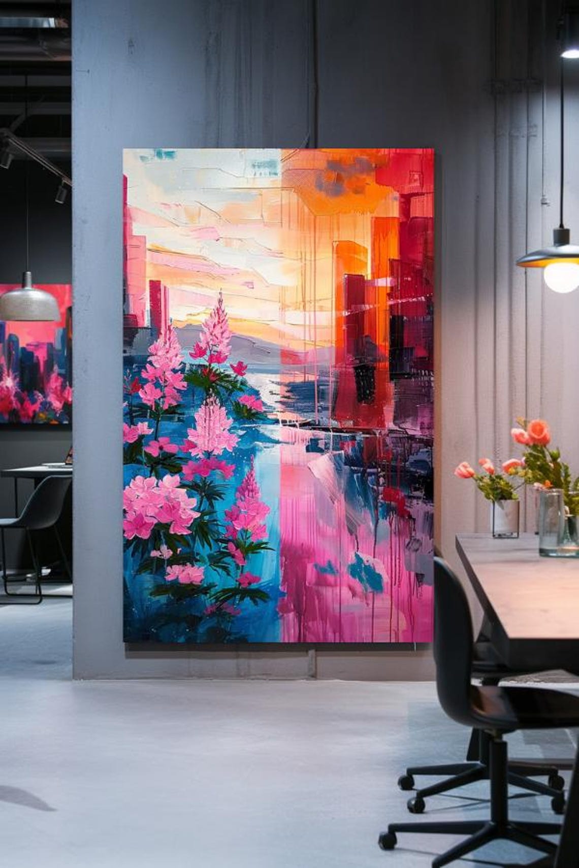 Pink Flowers Against City Sunset Abstract Colorful Modern Poster - Image 3