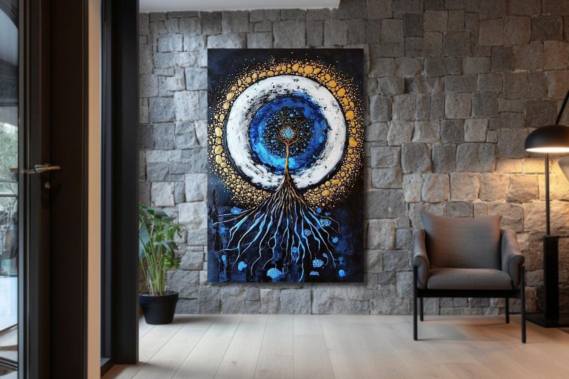 Tree Of Life Inside Blue And Gold Cosmic Circle On Black Poster