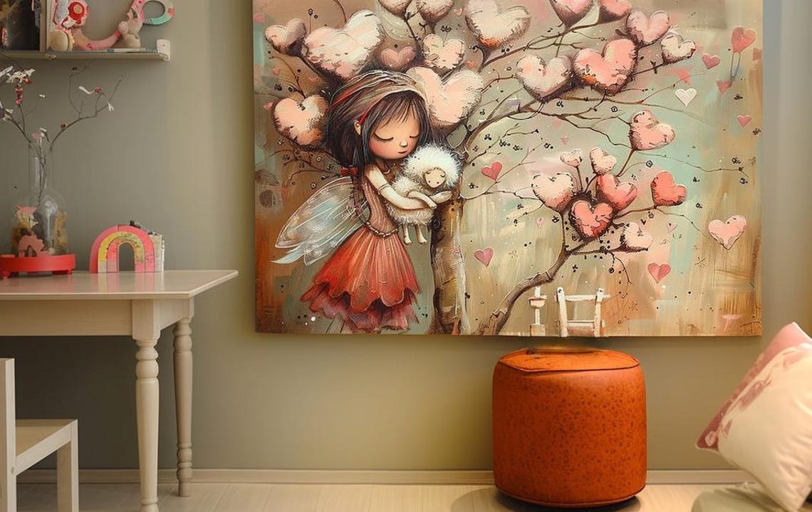 Sweet Fairy Girl Hugging Lamb Under Heart Blossom Tree Poster