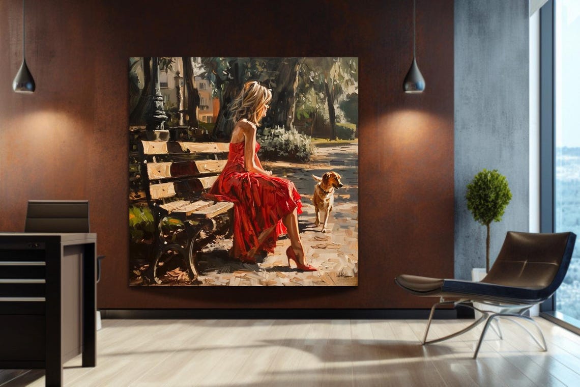 Woman In Red Dress On Park Bench With Dog Impressionist Poster