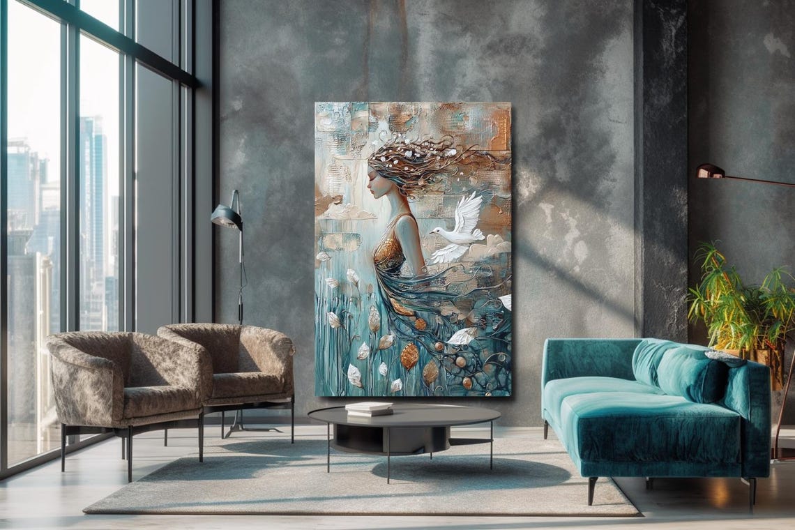Woman In Flowing Teal Dress With White Dove Among Tall Reeds Poster