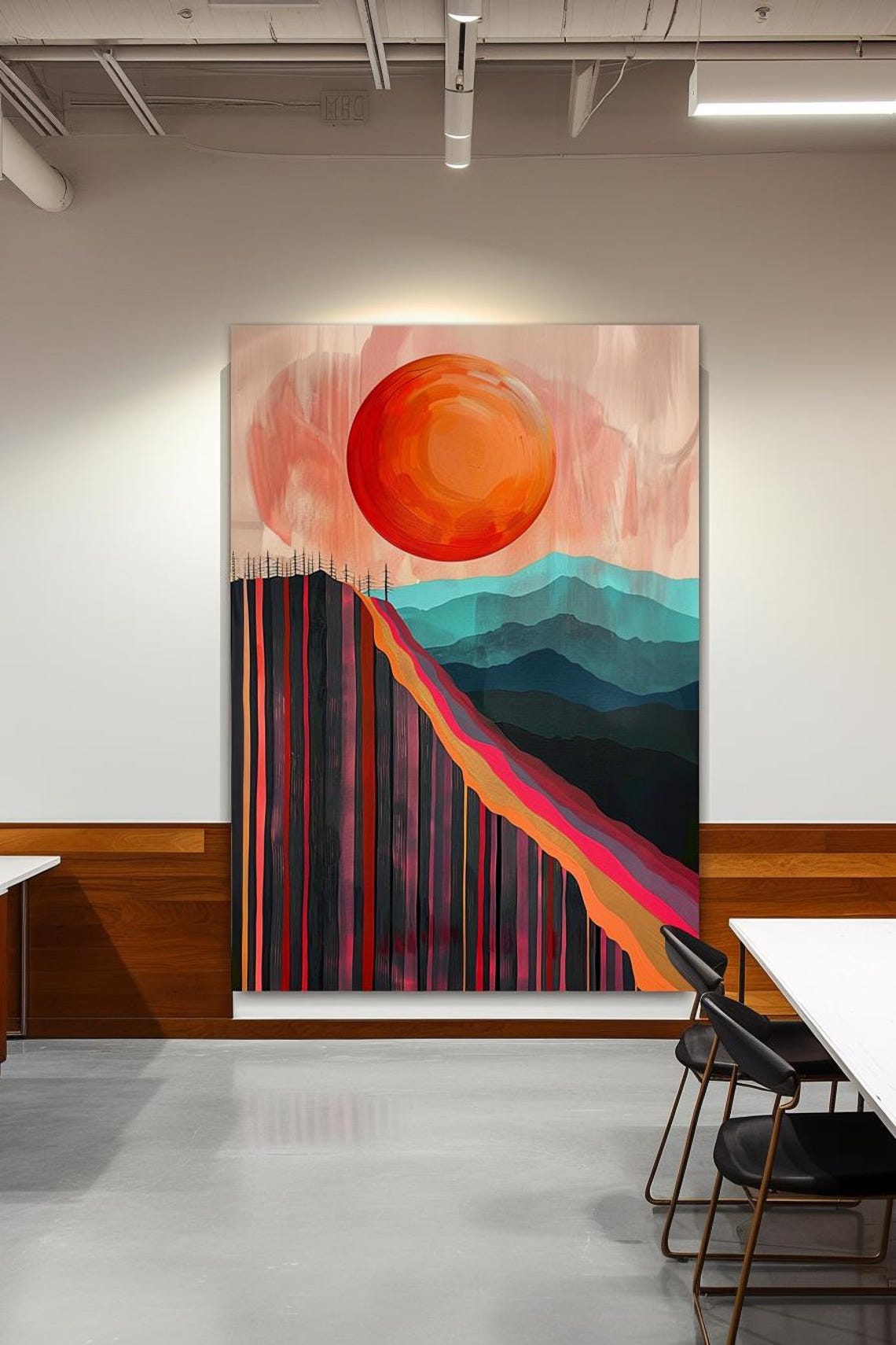 Giant Red Sun Over Layered Mountains And Striped Cliff Poster - Image 3