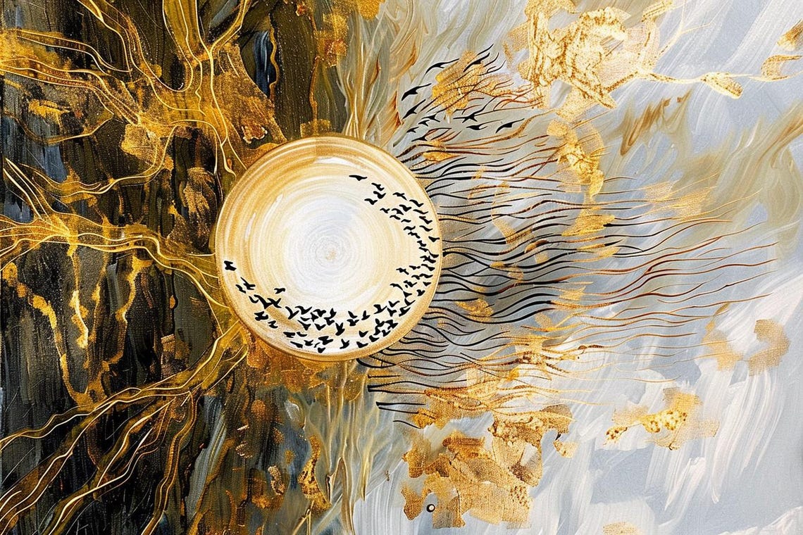 Golden Full Moon with Birds in Gold Black Abstract Marble Poster - Image 2