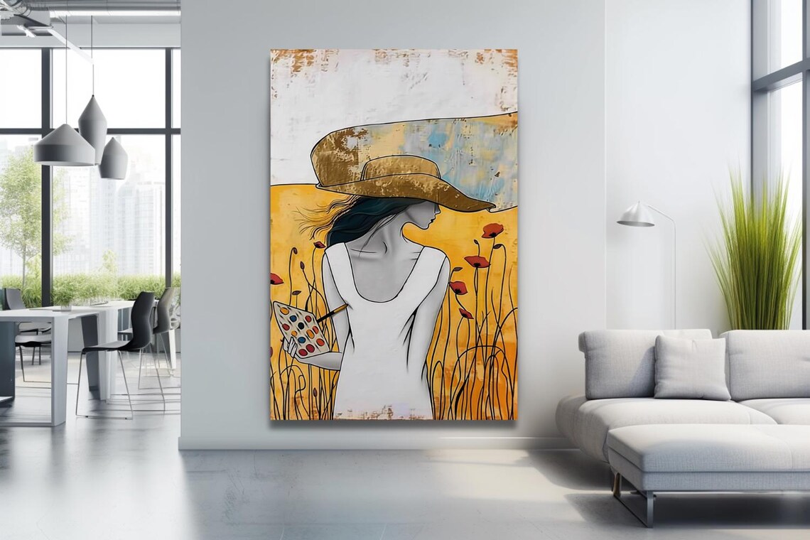 Artist Woman With Palette In Golden Poppy Field Modern Poster - Image 2